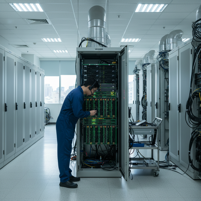 一位穿著藍色工作服的工程師，戴著耳機專注地檢查機櫃中的伺服器設備，機房內擺滿了一排排的資訊機櫃，顯示這是數據中心或伺服器機房的日常維護場景，確保網路服務的穩定運行。