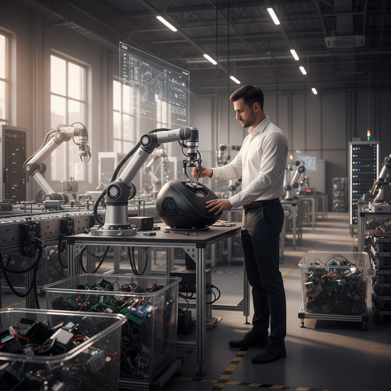 一位台灣工程師在現代化AI智慧工廠中，正專注地組裝一個黑色圓形機器人。他身穿白色襯衫和深色褲子，右手拿著工具，左手輕扶機器人，仔細檢查內部零件。背景是整潔明亮的生產線，多個機械手臂正在協同作業，透明的浮動螢幕上顯示著複雜的設計圖和數據。工廠內有多個零件箱和設備，展現高科技的製造氛圍。
