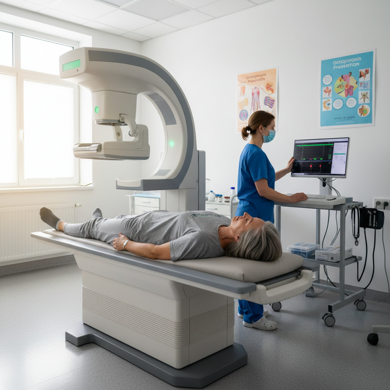 一位年長的女性患者正在診所內進行骨質疏鬆檢查，她平躺在DEXA掃描儀的檢查台上，身旁站著一位穿著藍色制服和戴口罩的醫護人員，正在操作電腦監測儀器。診間牆上掛有骨質疏鬆預防的海報，整體環境明亮整潔，呈現專業的醫療場景。
