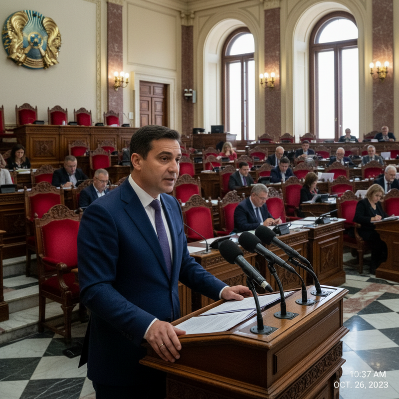 一位穿著深藍色西裝的政治人物，站在木製講台上，在國會議會廳中發表演講。他神情專注地望向前方，講台上有三支麥克風，背景是充滿古典氛圍的議會廳，座椅是紅色絲絨材質，後方有許多與會者正在聆聽，整體呈現莊重嚴肅的國會開會場景。