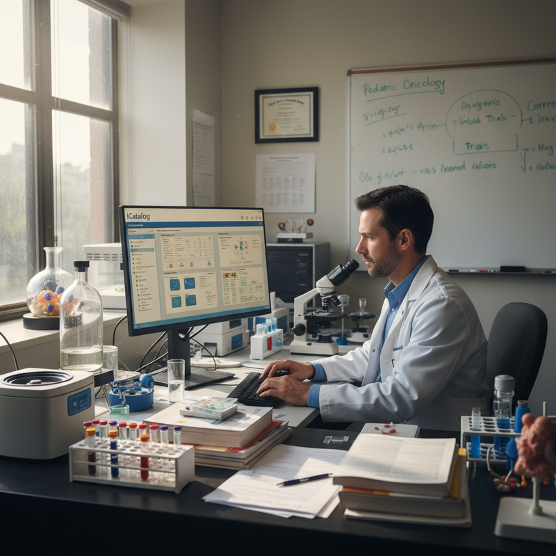 一位穿著白袍的醫療研究科學家，專注地坐在辦公桌前使用電腦，身旁擺放著顯微鏡、試管、離心機等實驗器材，背景是窗戶和寫滿筆記的白板，呈現出專業且忙碌的醫學研究實驗室場景。