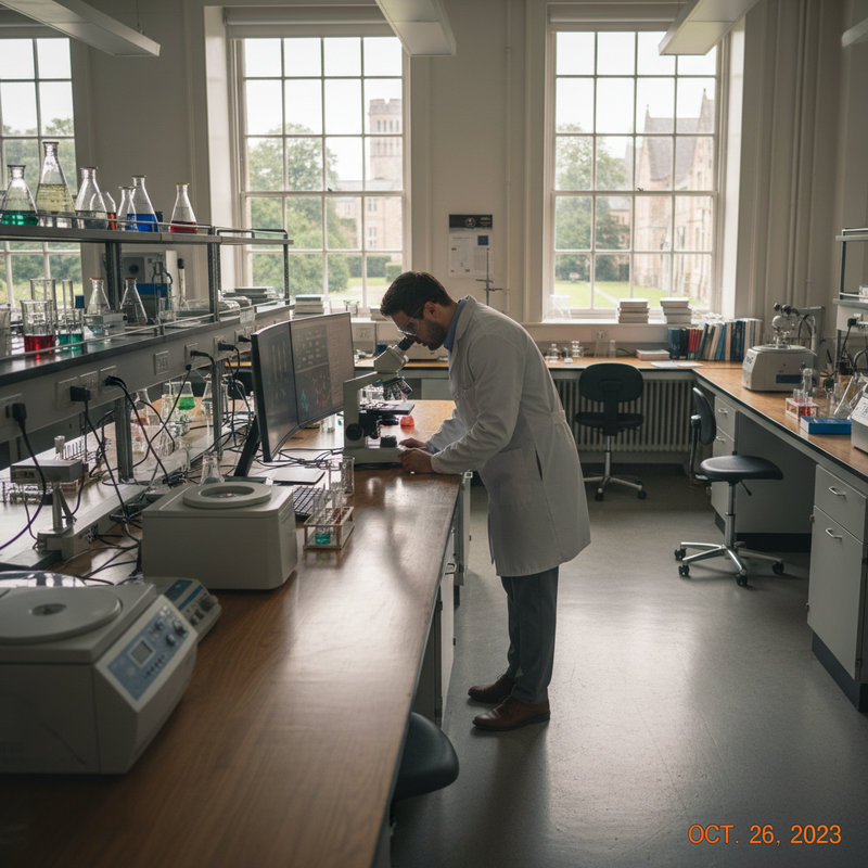 一位穿著白袍的男性科學家在實驗室中，專注地使用顯微鏡進行研究，桌上擺滿了各式各樣的燒杯和實驗器材，窗外則能看到古典的建築，營造出一個專業且充滿學術氛圍的科學研究場景。