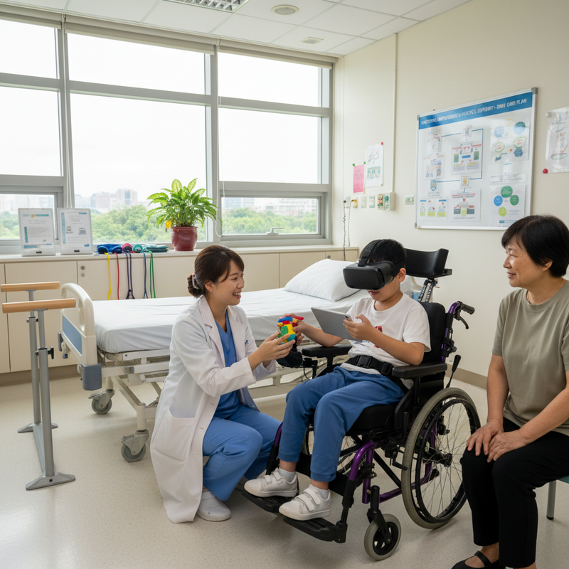 一位穿著醫師袍的女治療師，正蹲在輪椅旁，手拿著彩色玩具與一位戴著VR眼鏡的孩童互動。坐在輪椅上的男孩專注地看著VR，左手放在一個平板電腦上。一旁，一位年長的女性，可能是奶奶或媽媽，坐著陪伴。整個場景設置在一個明亮的復健治療室裡，背景有一張病床和窗戶，窗外可見城市景觀。