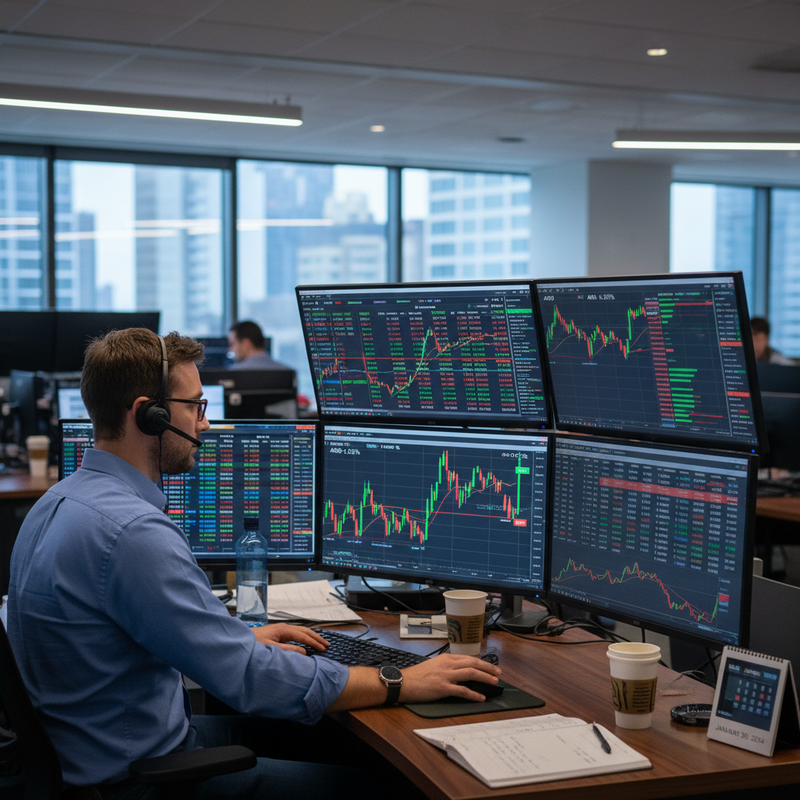 一位戴著耳機的股票交易員，身穿藍色襯衫，正專注地操作電腦，面前擺放著多達六個螢幕，每個螢幕上都顯示著密密麻麻的股市圖表與即時數據，展現金融市場的快速變化。