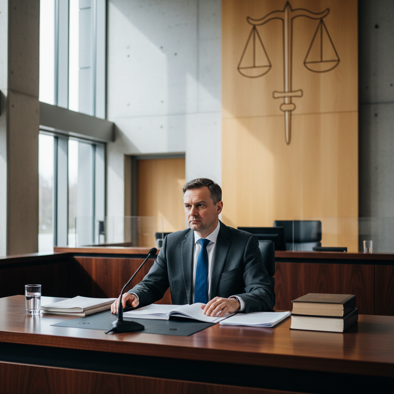 一位穿著深色西裝和藍色領帶的男律師，坐在法庭的木質桌子後方，面前攤開一本法律書籍，專注地望向前方。他的桌上還放著一杯水、文件和幾本厚厚的書籍，背景是現代感十足的法院內部，牆上掛著象徵公正的天秤圖案。