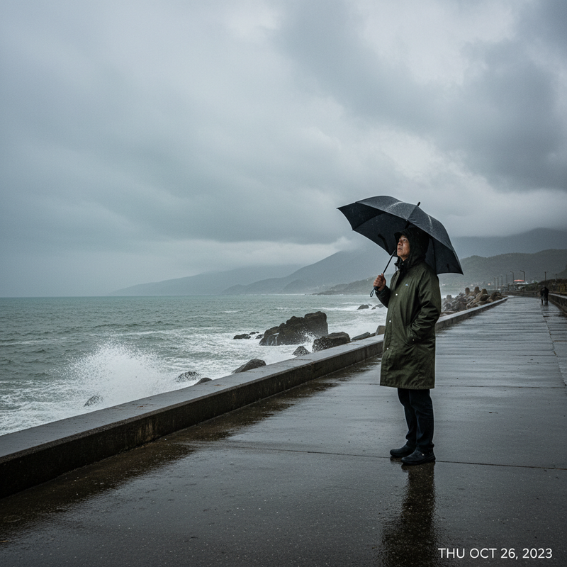 一位穿著雨衣的男士，在一個陰沉下雨天的海邊步道上撐著傘，海浪拍打著岸邊的消波塊。