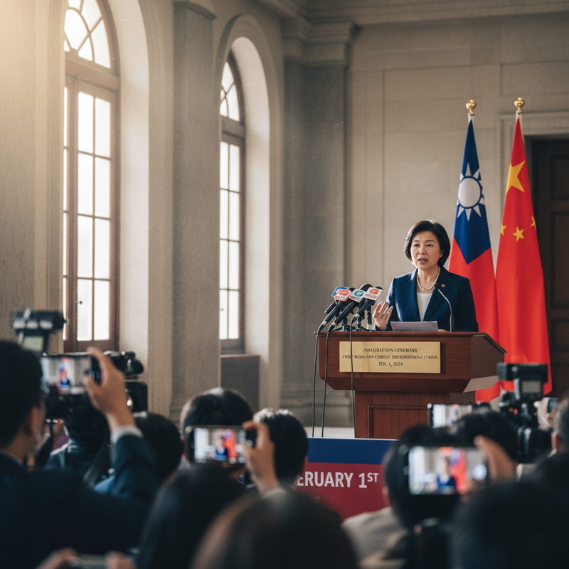 台灣總統在記者會上發表談話，身後可見中華民國國旗與中華人民共和國國旗。
