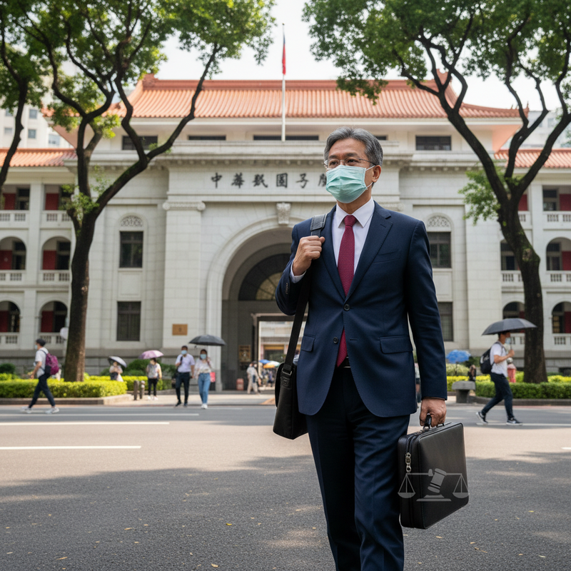 一名亞洲中年男性律師，穿著深藍色西裝、繫紅色領帶，戴著藍色醫療口罩，手提公事包走在台北街頭。背景是紅瓦白牆的司法大廈，陽光從樹蔭間灑落，路上還有其他行人。