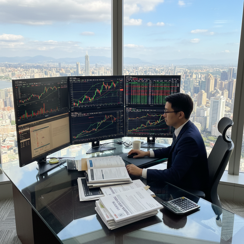 亞洲男性專業交易員在台北市辦公室專注進行股票交易，窗外為繁華都市景觀
