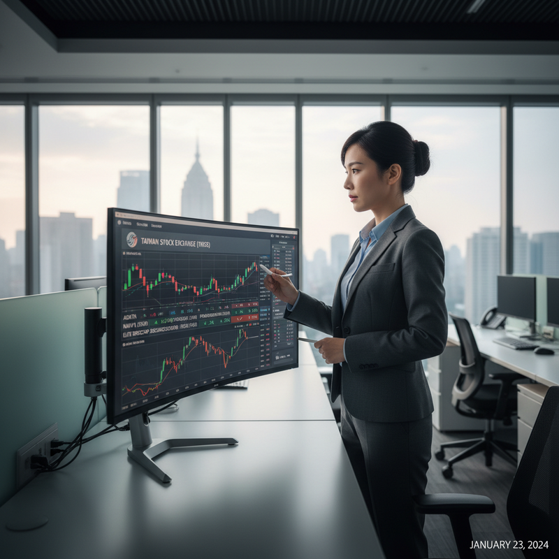一位台灣女性金融專業人士，身穿深灰色西裝，正專注地在辦公室內分析台灣股市（TAIWAN STOCK EXCHANGE, TWSE）的即時K線圖與股票數據。她右手拿著觸控筆，指向螢幕上的股市走勢圖，左手似乎也拿著資料，背景是窗外明亮的城市天際線。