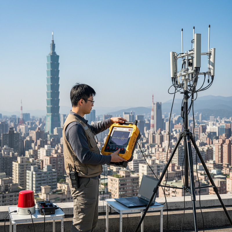 一名電信工程師正在台北市區的屋頂上，使用專業的電信設備進行網路訊號測試，遠方能清楚看到台北101大樓的壯麗景色。