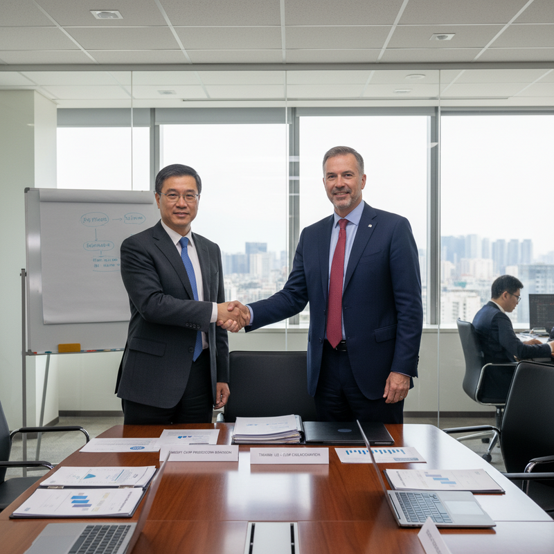 兩位身穿西裝的商務人士在現代辦公室內握手，一位是亞洲男性，另一位是白人男性，他們站在會議桌旁，桌上擺放著文件、筆記型電腦和圖表，背景是窗外的城市景觀。