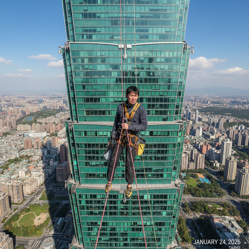 一名專業的清潔人員，身穿工作裝備和安全吊帶，正吊掛在台北101摩天大樓的翠綠玻璃帷幕外牆上，進行窗戶清潔作業。他專注地看向前方，身後是台北市區的廣闊景色，包含高樓建築與遠方山巒，天空晴朗，陽光灑落在城市天際線上。