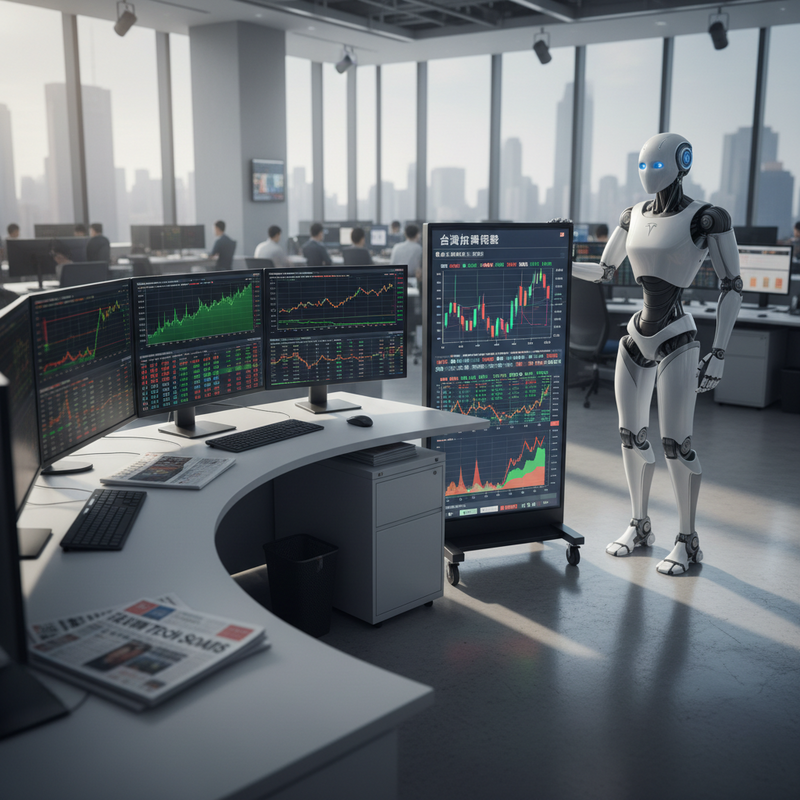 機器人正在繁忙的金融交易室中展示股票數據圖表，辦公室窗外是台北市區的摩天大樓景觀。