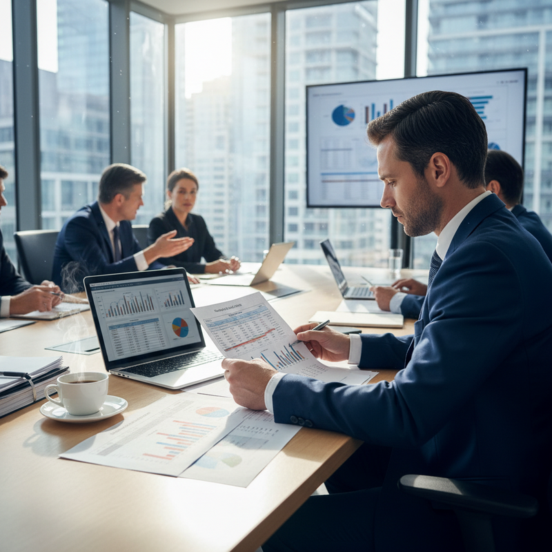 台灣企業主管在現代辦公室中，專注分析會議桌上筆記型電腦和文件中的商業圖表，展示團隊合作與數據驅動的決策過程。