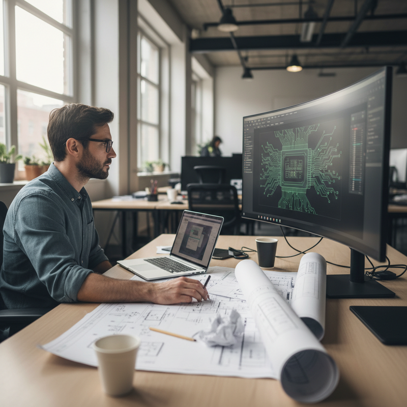 一位年輕的男性工程師坐在辦公桌前，專注地看著電腦螢幕，螢幕上顯示著綠色的電路板設計圖。他戴著眼鏡，右手拿著筆，桌上散落著設計圖、筆記型電腦和咖啡杯。