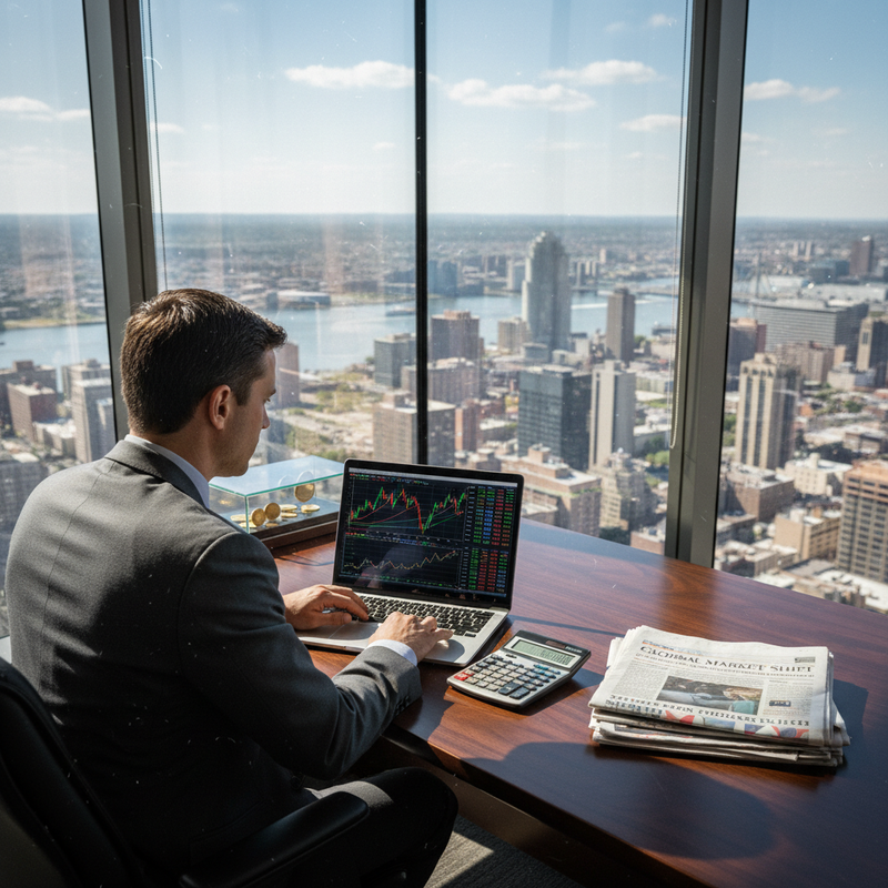 一位身穿灰色西裝的男性專業人士，坐在高樓辦公室內，透過大片玻璃窗俯瞰繁華的城市景觀。他專注地看著筆記型電腦螢幕上顯示的股票市場圖表，桌上還放著計算機和一份「GLOBAL MARKET SHIFT」的報紙，展現出高效率的金融交易日常。