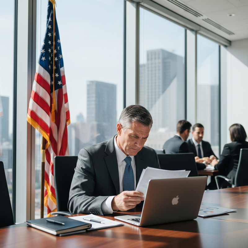 在台灣商務會議室中，一位身穿西裝的商務人士正專注閱讀文件，辦公桌上擺放著蘋果筆記型電腦和筆記本。窗外是城市高樓景觀，辦公室內能看見美國國旗，後方還有其他與會者正在討論。