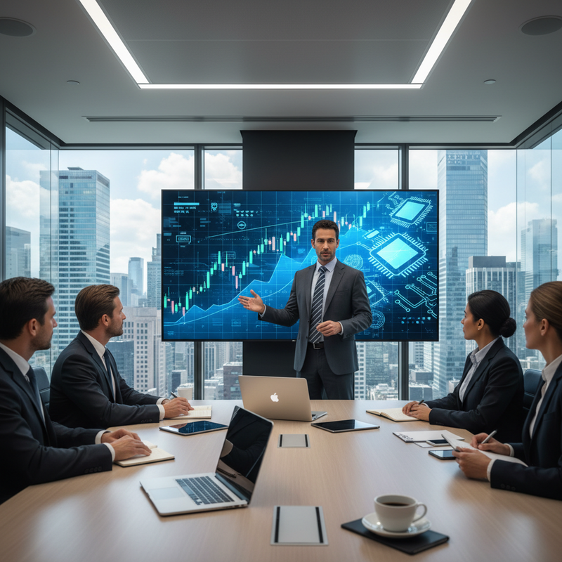 一位穿著西裝的專業商務人士正在高科技會議室中進行商業簡報，他站在大型數位螢幕前，螢幕上顯示著複雜的股票圖表與數據分析，並搭配著集成電路板的科技感背景，會議桌旁坐著四位專注聆聽的同事。