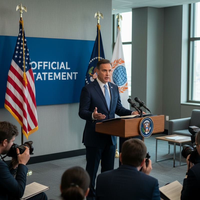 一位穿著深藍色西裝的男性正在記者會上發表演說，他站在印有美國總統徽章的木質講台上，身後是美國國旗和「OFFICIAL STATEMENT」的藍色背景板，記者們則在台下用相機記錄。