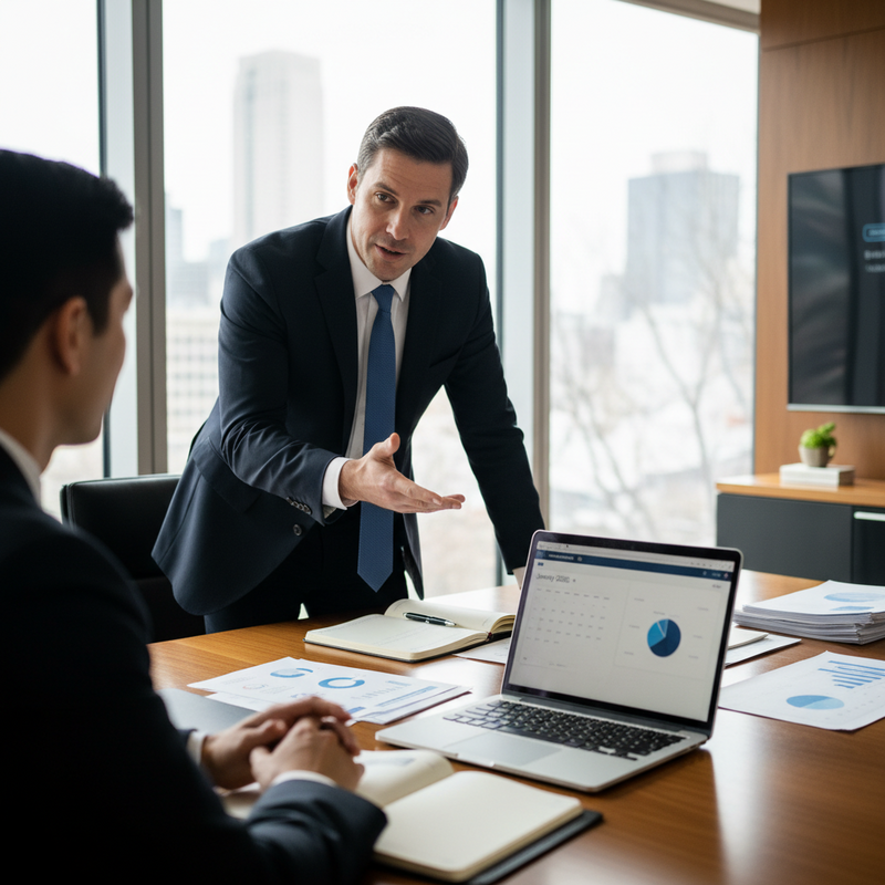 兩位穿著西裝的專業人士在一間現代化的會議室裡開會，其中一位站著的主管正對著坐著的下屬解釋著什麼，會議桌上擺放著筆記型電腦、文件和筆記本，窗外是高樓林立的城市景觀，展現專業的商務會議場景。