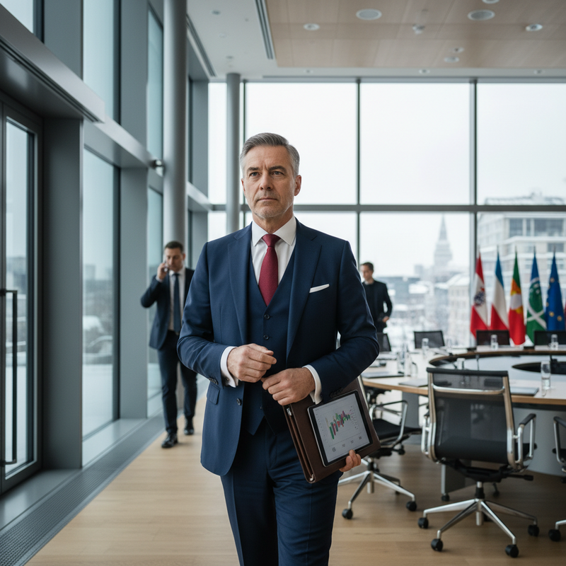 一位穿著深藍色西裝的成功商業人士，手上拿著平板電腦，正步出寬敞明亮的會議室。背景有其他穿西裝的商務人士和配備齊全的會議桌，整體營造出專業又高效的企業氛圍。