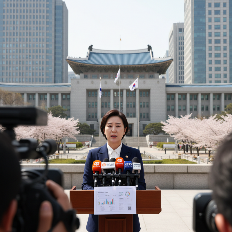 一位穿著深藍色西裝的韓國女性政治人物，站在戶外講台上對著麥克風發表談話，身後是宏偉的韓國國會建築與盛開的櫻花樹，前方有多台攝影機正在拍攝。