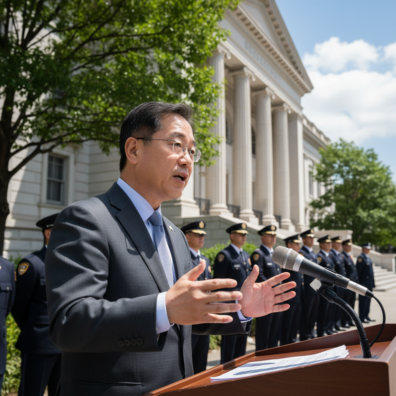 一位穿著深灰色西裝的亞洲男性站在戶外講台上，戴著眼鏡，神情嚴肅地對著麥克風講話，他的雙手在胸前比劃著，身後是一排身穿深藍色制服的執法人員，背景是一棟莊嚴的白色建築物和翠綠的樹木，陽光灑落在場景中，營造出正式且重要的氛圍。
