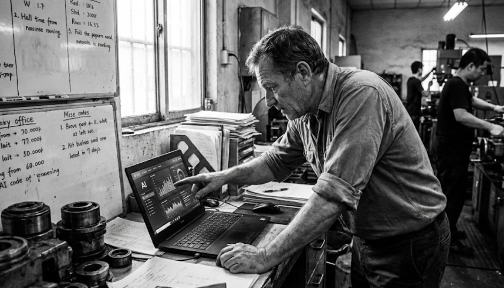 一位年長的台灣工廠廠長或資深技師，身穿工作襯衫，專注地俯身檢視筆記型電腦螢幕上的數據圖表，食指輕觸螢幕，彷彿正在分析生產報表或機械運行數據。背景是傳統的黑白工廠車間，有其他工人在後方操作機具，牆上掛著白板與文件，整體氛圍呈現出台灣製造業中，資深師傅將經驗與科技結合的場景。