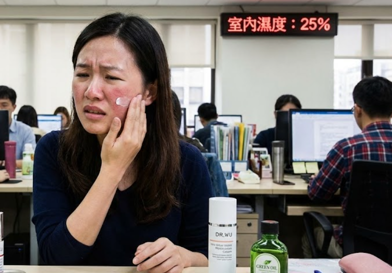 一位台灣女性上班族在辦公室裡，臉部泛紅，表情看起來很不舒服，正用手輕輕塗抹乳液，桌上放著DR. WU的保養品和一瓶綠油，背景是其他同事的辦公桌。