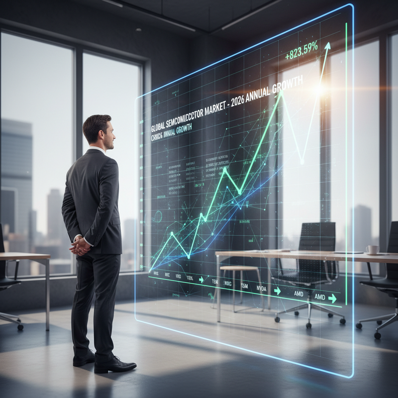 一位穿著西裝的專業商務人士,背對著鏡頭站在現代化辦公室中,凝視著前方巨型透明螢幕上顯示的全球半導體市場2026年年度成長預測圖表。圖表以醒目的綠色線條呈現顯著的成長趨勢,上方標示著高達+823.59%的驚人成長率。辦公室窗外可見城市天際線,室內陳設簡潔,營造出專注於市場趨勢分析的氛圍。