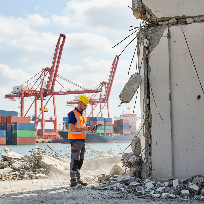 一位戴著黃色安全帽和橘色反光背心的工程師，在港口進行工地檢查，背景是停靠著貨櫃輪船和紅色起重機的港口。