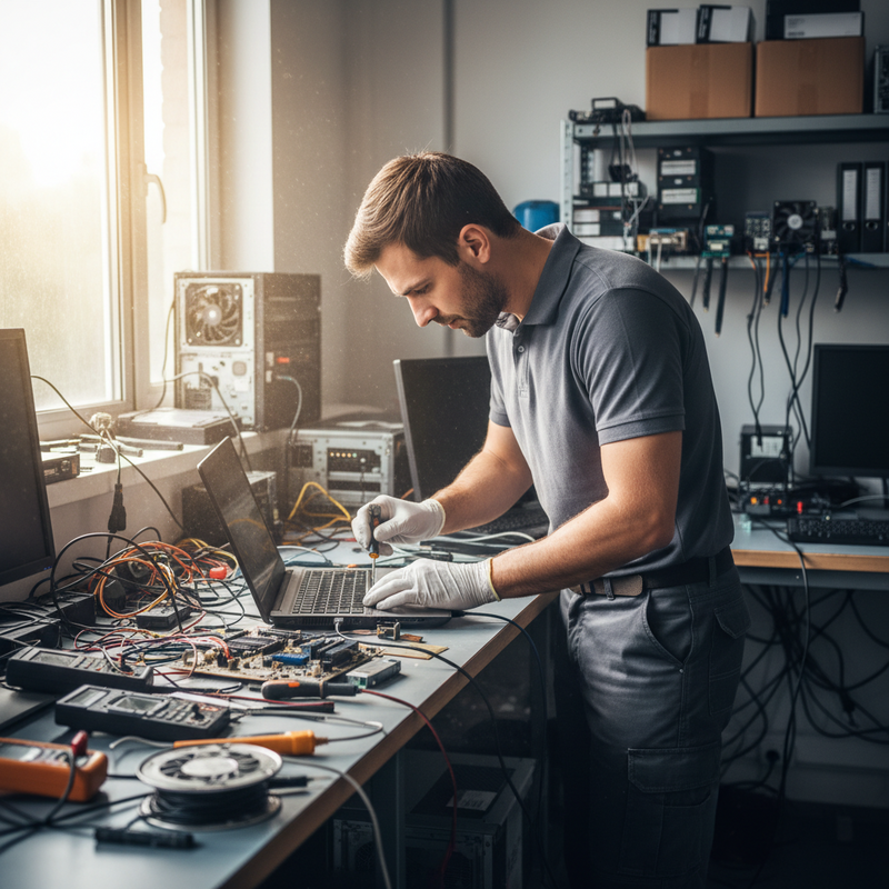 一位專注的台灣電子維修技術人員，戴著白色手套，正在明亮的窗邊工作桌上維修一台筆記型電腦。桌上散佈著各種電子零件、排線、電路板和測量儀器，展現專業的電子產品維修現場。