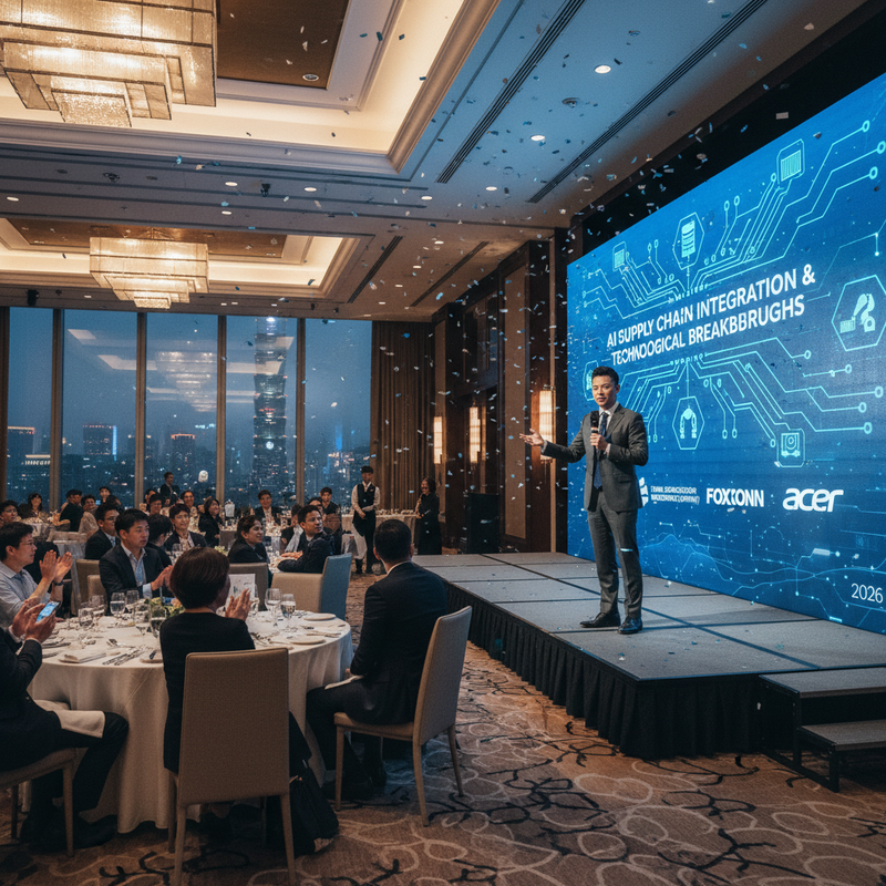 一位台灣企業講師正在高科技的研討會上進行AI供應鏈整合與技術突破的演講，背景螢幕展示著未來科技感十足的電路板設計。會議廳內，來賓們專注地聆聽，桌上擺放著精緻餐點，會場上方飄揚著慶祝的彩帶，營造出熱鬧且專業的氛圍。窗外是台北市區的璀璨夜景，能清楚看見台北101，為這場高階商務交流增添了獨特的台灣風情。