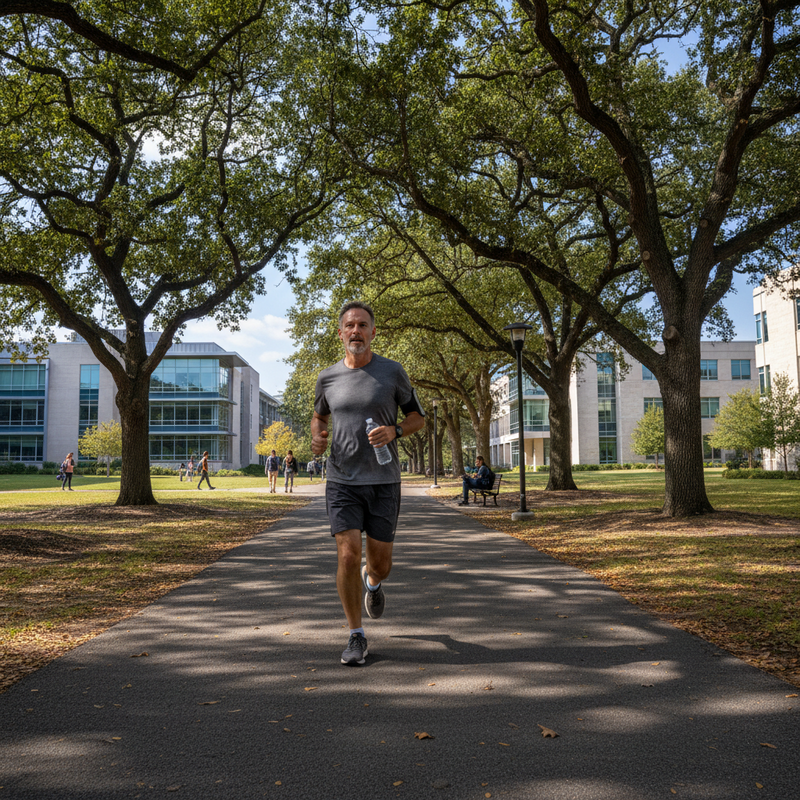 一位中年男子在綠意盎然的大學校園步道上慢跑,他身穿灰色運動上衣和短褲,手裡拿著水瓶,展現健康活力的慢跑者姿態,陽光穿過兩旁高大的樹木灑落在慢跑路徑上,後方可見現代化的教學大樓。