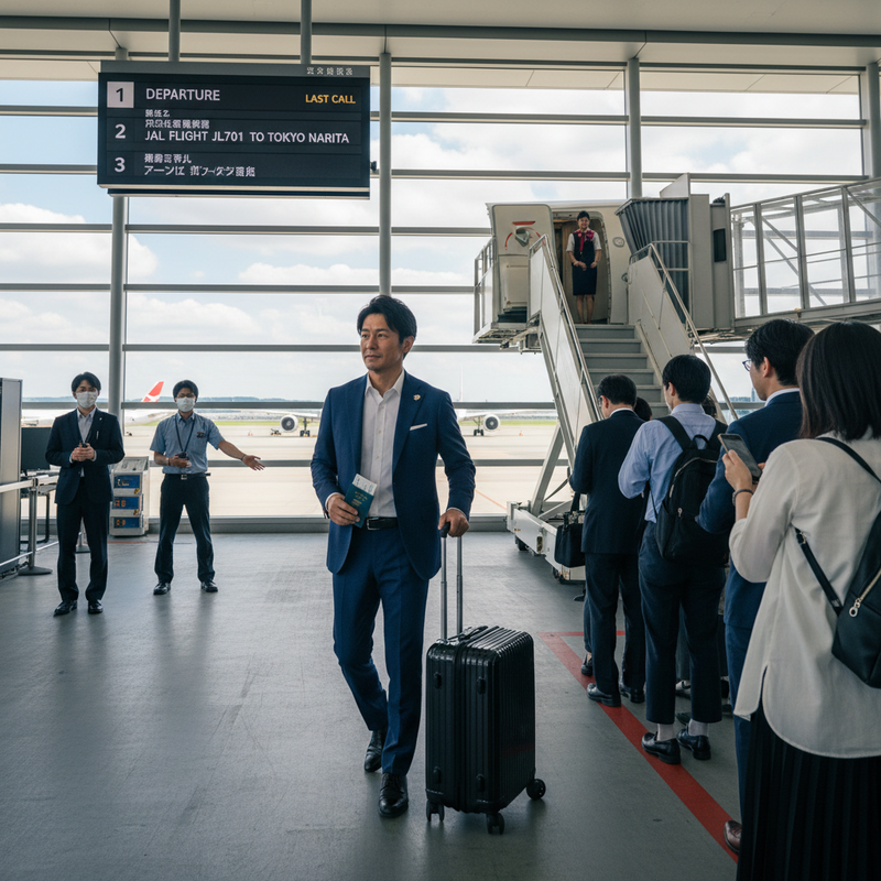 一位穿著深藍色西裝的亞洲商務人士,拉著黑色行李箱,自信地走在機場登機門前,準備出國。他手裡拿著護照和登機證,身後是排隊等候登機的其他旅客。遠處的電子看板顯示JAL JL701航班即將起飛,整個機場大廳光線明亮,充滿旅途的氛圍。