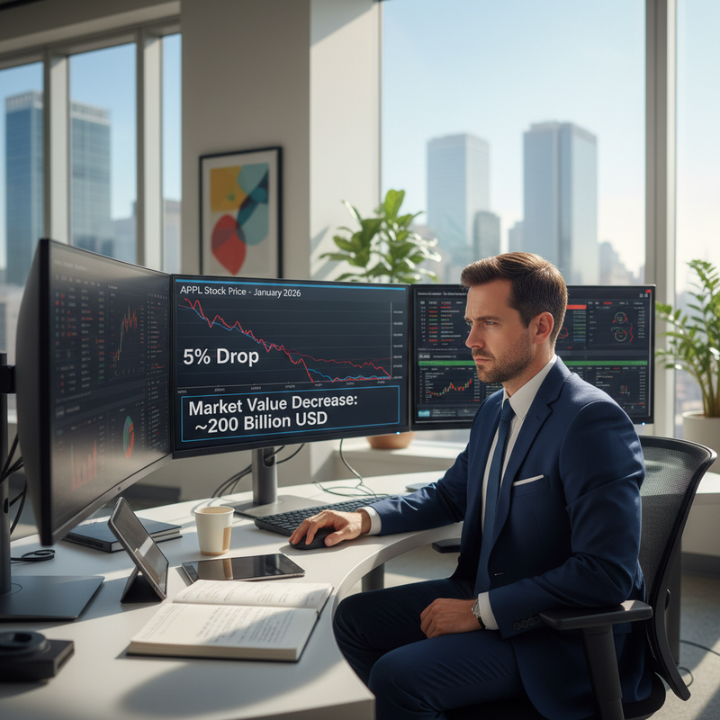 一位穿著深藍色西裝的專業男性,專注地坐在辦公室的電腦前,查看多個螢幕上的股市圖表與數據。主要螢幕顯示APPL股票在2026年1月有5%的跌幅,市值減少約2000億美元,顯示投資者正密切關注股票市場的劇烈變動。