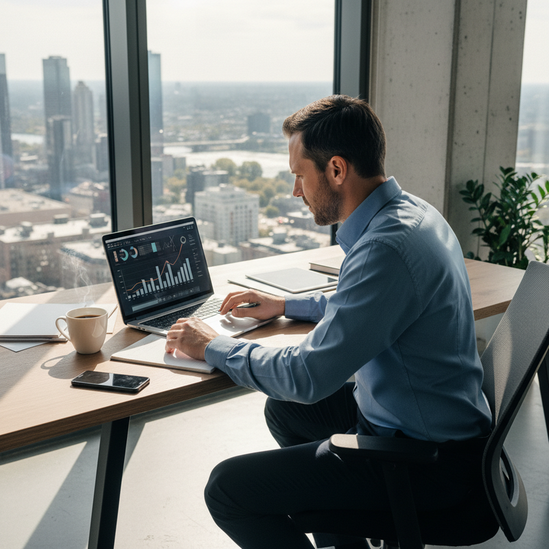 一位台灣商務人士坐在高樓辦公室裡，透過筆記型電腦認真分析圖表數據，桌上放著一杯熱咖啡和手機，窗外是台北市區的繁華景觀。
