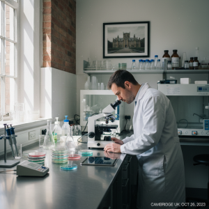 一位穿著白色實驗袍的科學家在明亮的實驗室裡，專注地使用顯微鏡觀察樣品，旁邊的實驗桌上擺放著培養皿和各種實驗器材。