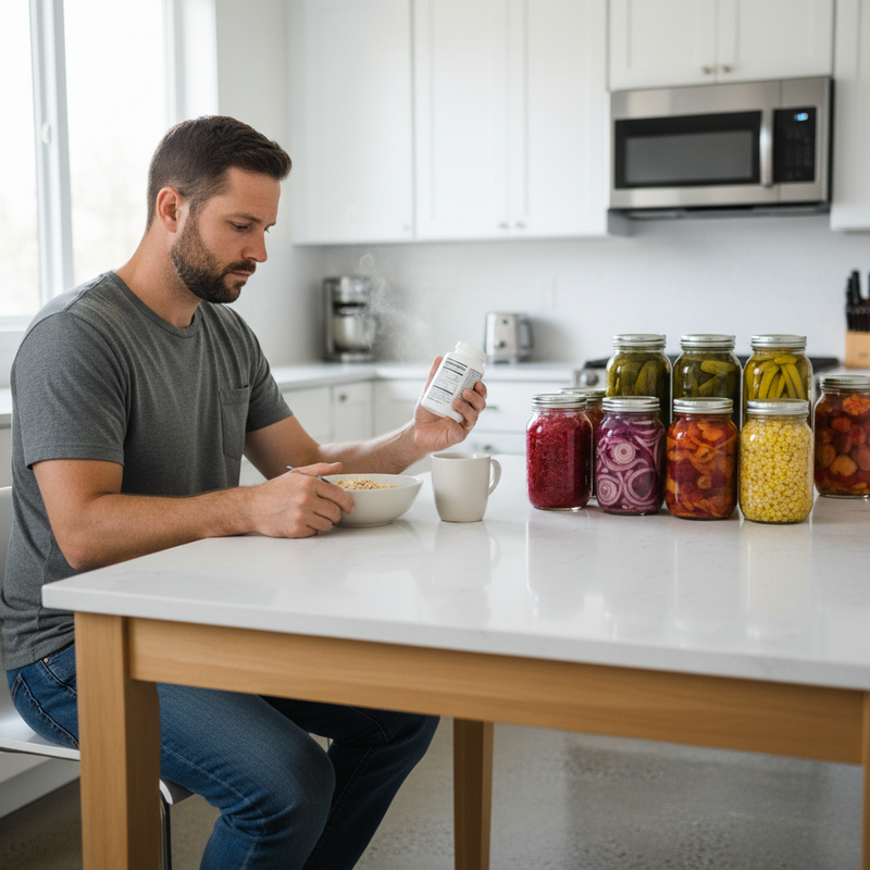 一位留著短髮和鬍子的男性,身穿灰色上衣和藍色牛仔褲,坐在白色廚房中島旁,正在享用早餐。他的左手拿著一個白色碗,裡面裝著麥片或優格,右手則拿著一罐保健食品。桌上除了他的餐點,還有一個白色馬克杯,以及一排色彩繽紛的玻璃罐裝醃漬食物,包括小黃瓜、紫洋蔥、辣椒、玉米粒等。畫面呈現自然光線,營造出居家、健康的氛圍。