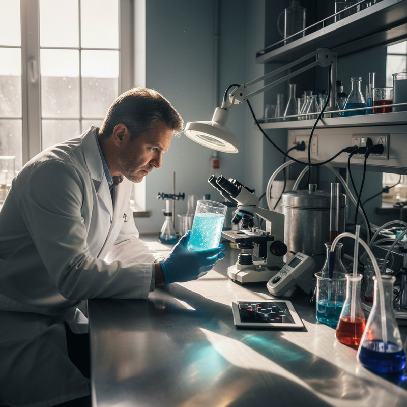 一位專注的男性科學家在實驗室中，穿著白色實驗袍和藍色手套，正仔細觀察手中裝有藍色液體的燒杯，背景有窗戶和各種科學儀器，包括顯微鏡和其他燒杯。