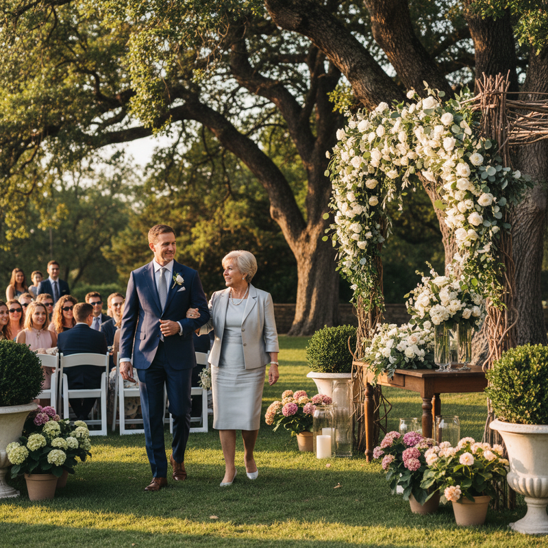 一位穿著藍色西裝的英俊新郎，正挽著身穿優雅銀灰色禮服的母親，兩人臉上洋溢著幸福的笑容，緩緩走過戶外婚禮現場的翠綠草地。背景是陽光灑落的茂盛樹木和佈滿白色鮮花的精緻拱門，親友們坐在兩側觀禮，畫面溫馨感人，完美捕捉了婚禮儀式的感動瞬間。