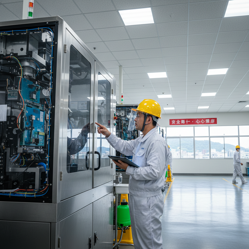 一位穿著白色防塵衣和黃色安全帽的工程師，正在一家現代化工廠內，專注地檢查一台精密機械設備，他一手拿著平板電腦，另一手指向機器螢幕，背景是整潔明亮的生產線。