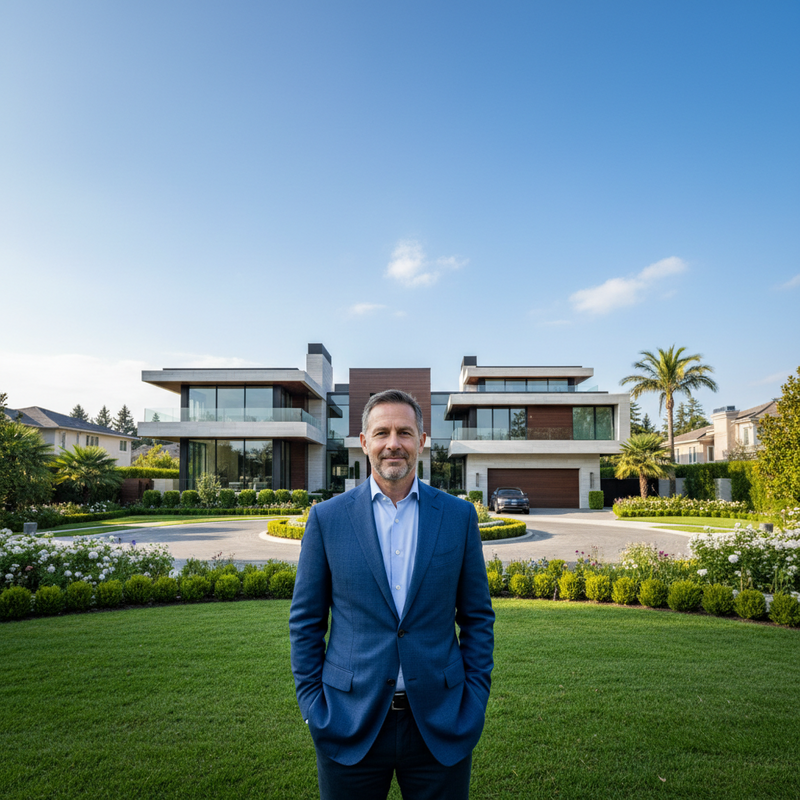 一位穿著藍色西裝外套和藍色襯衫的台灣中年男士，雙手插口袋，自信地站在一棟豪華現代別墅前的翠綠草坪上。他身後是宏偉的白色與深色調豪宅，配有大片玻璃窗和寬敞的車道，前方綠意盎然的庭園中點綴著白色玫瑰和棕櫚樹。