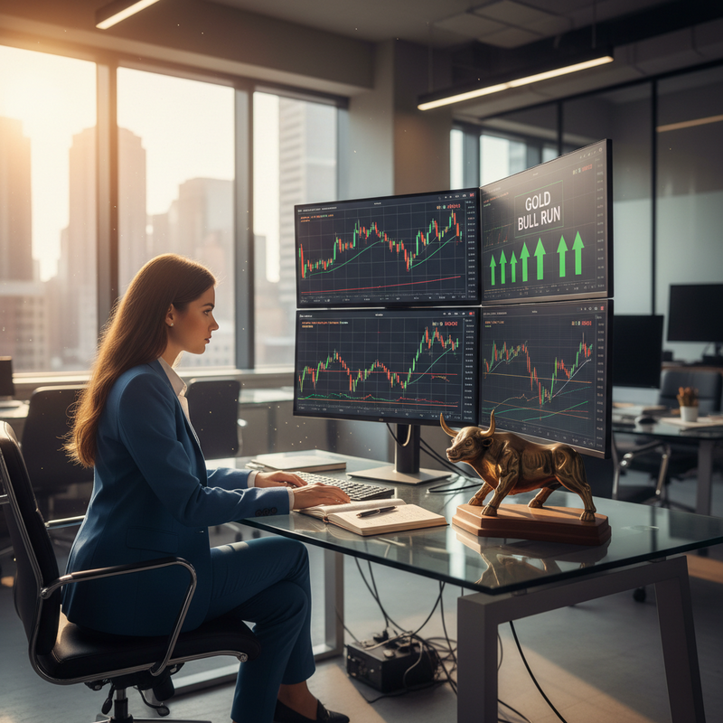 一位年輕女性交易員，身穿深藍色西裝，專注地坐在辦公桌前，她的前方擺放著四個顯示器，每個顯示器上都顯示著密密麻麻的股市K線圖和交易數據。她的右手放在鍵盤上，左手則輕輕握著滑鼠，身旁還有一個筆記本和筆，記錄著重要的資訊。桌邊擺放著一尊金色的公牛雕塑，象徵著股市的多頭趨勢。辦公室窗外陽光灑落，透過玻璃窗可以看到都市的繁忙景象。