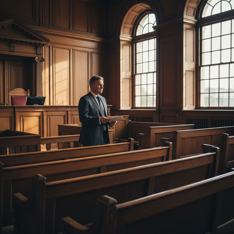 一位穿著深色西裝的律師，手持文件站在木質裝潢的法庭中央，陽光從高大的拱形窗戶灑入，照亮了空無一人的旁聽席。