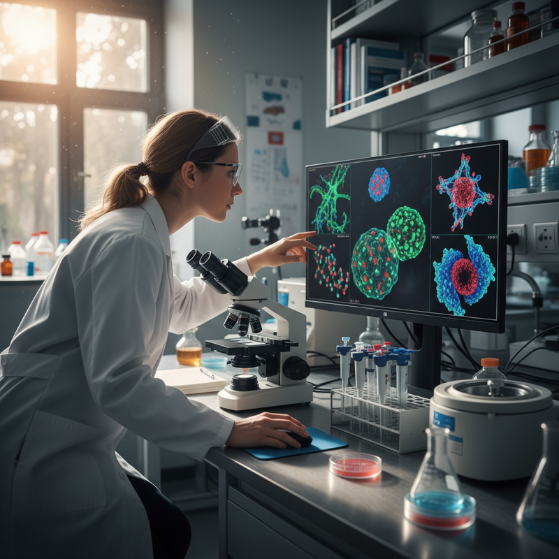 一位女性科學家在明亮的實驗室裡，專注地看著電腦螢幕，螢幕上顯示著各種細胞結構的放大影像，她一隻手握著滑鼠，另一隻手指向螢幕，旁邊還擺放著顯微鏡和多種實驗器材，展現了現代科學研究的嚴謹與專業。