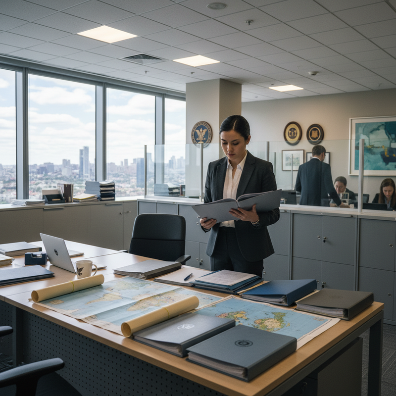 一位穿著西裝的專業女性在辦公室裡仔細閱讀文件，桌上擺放著地圖和筆記本，窗外是繁忙的城市景觀，展現專業辦公氛圍。