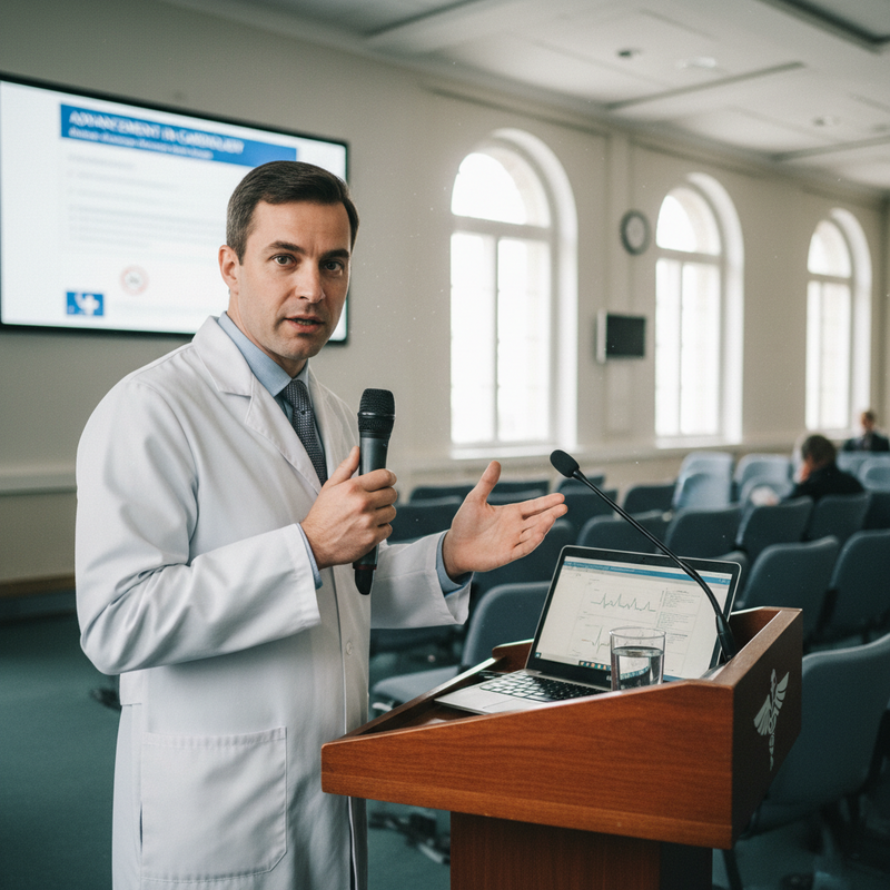 一位穿著白袍的專業醫生，在演講台上拿著麥克風，一手指向前方，正在向聽眾進行簡報。講台上有筆記型電腦和一杯水，背景是寬敞的會議廳，螢幕上顯示著簡報內容，整體呈現一場醫學專業的演講情境。