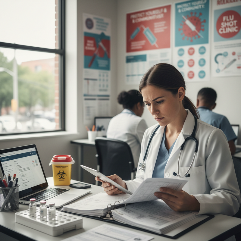 一位穿著醫師袍，聽診器掛在頸上的女醫師，專注地坐在辦公桌前審閱病歷和文件，同時使用平板電腦輔助。辦公桌上擺放著筆記型電腦、醫療廢棄物收集桶及疫苗藥瓶，背景還有其他醫護人員在工作，牆上貼著關於流感疫苗接種和社區防疫的宣導海報，營造出忙碌且專業的醫療診所或醫院辦公室氛圍。
